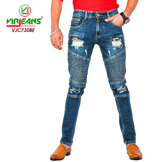 Picture of Virjeans Brand Design Biker Stretchy Grunge Denim Jeans - Dark Blue