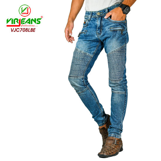 Picture of Virjeans Stretchy Ripped Design Biker Denim Jeans - Light Blue