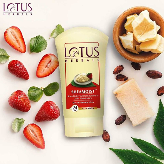Picture of Lotus Herbals SHEAMOIST Shea Butter & Real Strawberry 24hr Moisturiser 120 gm